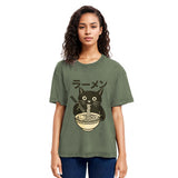 Tokyosol Simple Black Cat Eating Ramen Washed T Shirt
