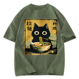 Tokyosol Cute Black Cat Eating Ramen Washed T-Shirt
