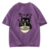 Tokyosol Simple Black Cat Eating Ramen Washed T Shirt
