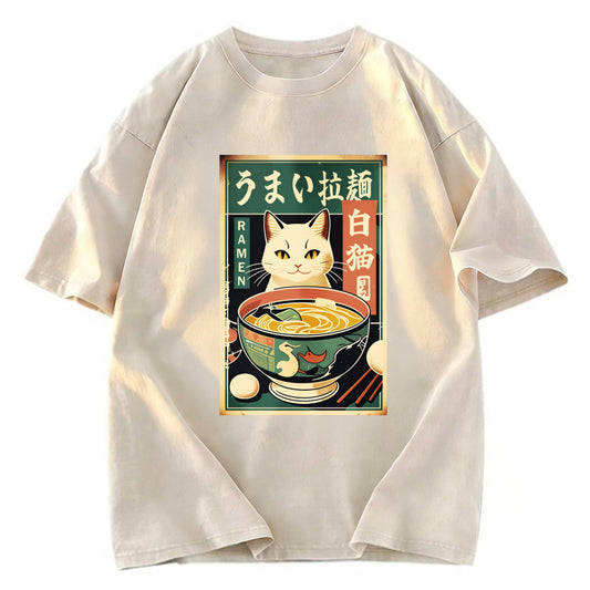 Tokyosol White Cat Eating Ramen Washed T Shirt