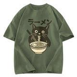 Tokyosol Simple Black Cat Eating Ramen Washed T Shirt