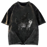 Tokyosol Crow Riding A Cat Washed T Shirt