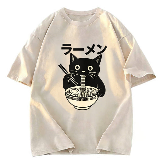 Tokyosol Simple Black Cat Eating Ramen Washed T Shirt