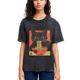 Tokyosol Kawaii Japanese Ramen Cat Vintage Washed T Shirt