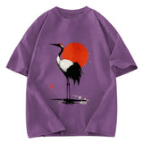 Tokyosol Retro Japanese Red Crowned Crane Washed T Shirt