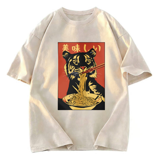 Tokyosol Tiger Eating Delicious Ramen Washed T-Shirt