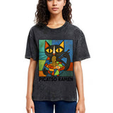 Tokyosol Abstract Cat Eating Ramen Washed T Shirt