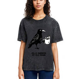 Tokyosol Crow Drinking Black Coffee Funny Washed T Shirt