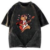 Tokyosol Cute Bear Guitar Valentine Washed T-Shirt