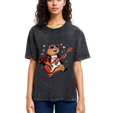 Tokyosol Cute Bear Guitar Valentine Washed T-Shirt