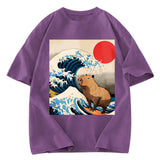 Tokyosol Funny Capybara Surfing Washed T-Shirt