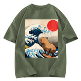 Tokyosol Funny Capybara Surfing Washed T-Shirt