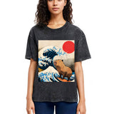 Tokyosol Funny Capybara Surfing Washed T-Shirt
