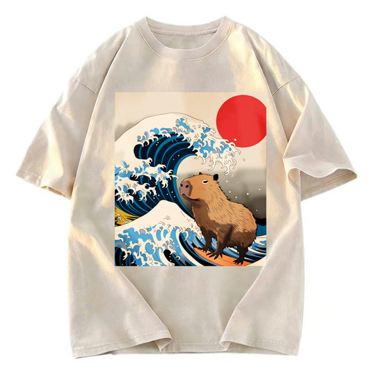 Tokyosol Funny Capybara Surfing Washed T-Shirt