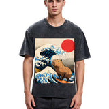 Tokyosol Funny Capybara Surfing Washed T-Shirt