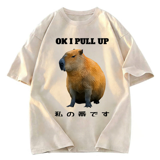 Tokyosol Ok I Pull Up Funny Capybara Washed T-Shirt