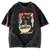 Tokyosol Cute Cat Eating Ramen Washed T-Shirt