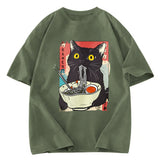 Tokyosol Cute Cat Eating Ramen Washed T-Shirt