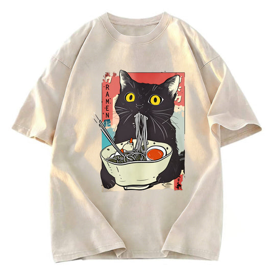 Tokyosol Cute Cat Eating Ramen Washed T-Shirt