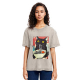 Tokyosol Cute Cat Eating Ramen Washed T-Shirt
