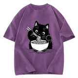 Tokyosol Cute Cat Eat Ramen Washed T-Shirt