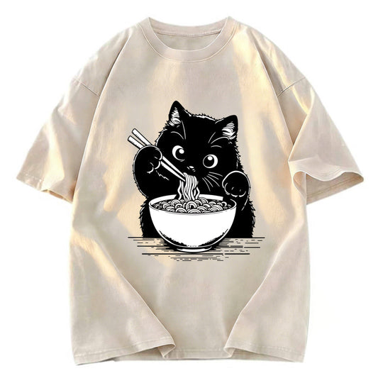 Tokyosol Cute Cat Eat Ramen Washed T-Shirt