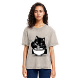 Tokyosol Cute Cat Eat Ramen Washed T-Shirt