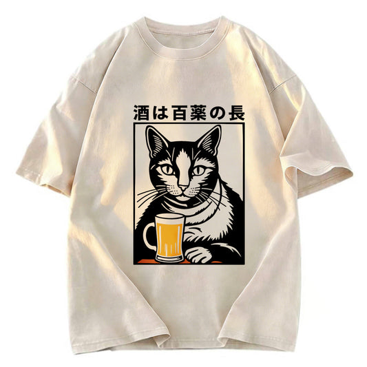 Tokyosol Cat And Beer Japanese Washed T-Shirt
