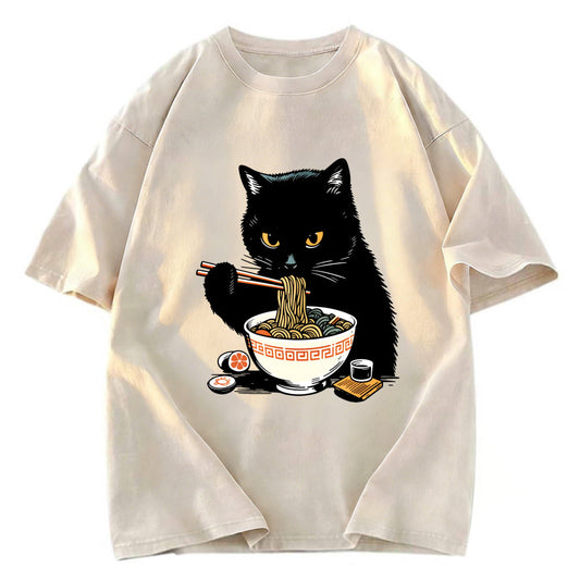 Tokyosol Cat Eating Favorite Ramen Washed T-Shirt