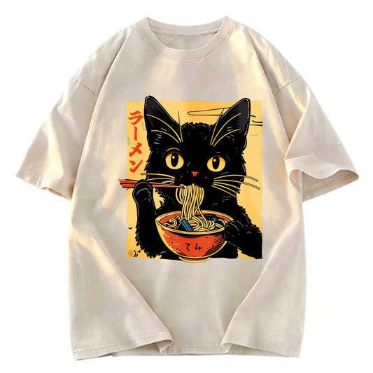 Tokyosol Cat Enamored Of Ramen Washed T-Shirt