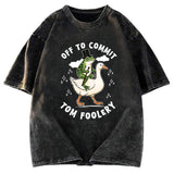 Tokyosol Frog Riding Goose Funny Sarcastic Meme Washed T-Shirt