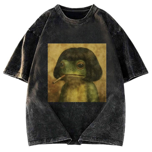 Tokyosol Frog Face With Bob Haircut Meme Washed T-Shirt