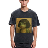 Tokyosol Frog Face With Bob Haircut Meme Washed T-Shirt