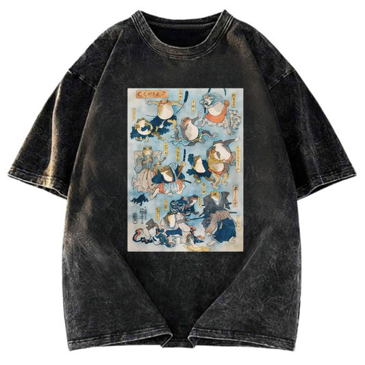 Tokyosol Japanese Ukiyo-e Samurai Ninja Frogs Washed T-Shirt