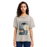 Tokyosol Crow And Cat Watching Fish Washed T-Shirt