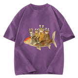 Tokyosol Funny Samurai Cat Riding a Fish Washed T-Shirt