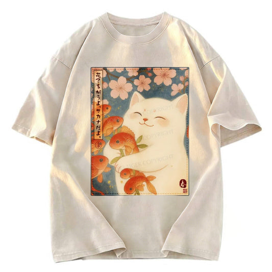 Tokyosol Funny Ukiyoe Cat and Fish Flower Washed T-Shirt