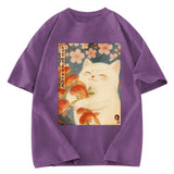 Tokyosol Funny Ukiyoe Cat and Fish Flower Washed T-Shirt
