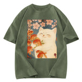 Tokyosol Funny Ukiyoe Cat and Fish Flower Washed T-Shirt