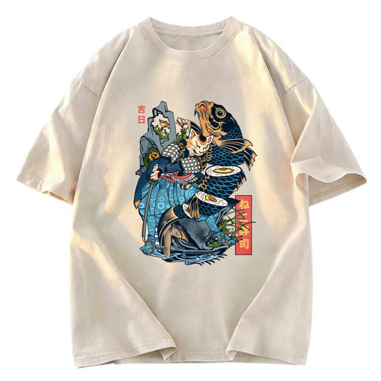 Tokyosol Funny Cat Kills Fish Washed T-Shirt