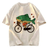 Tokyosol Funny Fish Riding A Bicycle Washed T-Shirt