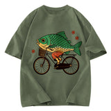 Tokyosol Funny Fish Riding A Bicycle Washed T-Shirt