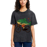 Tokyosol Funny Fish Riding A Bicycle Washed T-Shirt