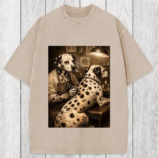 Tokyosol Funny Dalmatian Tattoo Dog Washed T-Shirt