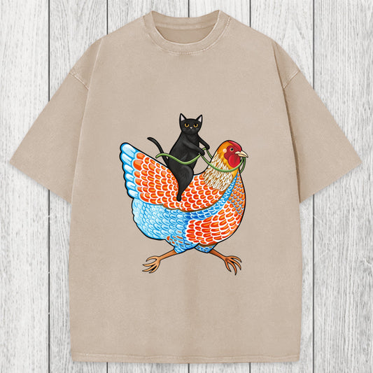 Tokyosol Black Cat On a Wyandotte Chicken Washed T-Shirt