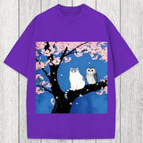 Tokyosol Cat And Owl Under Sakura Washed T-Shirt