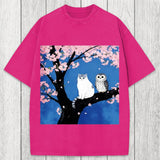 Tokyosol Cat And Owl Under Sakura Washed T-Shirt