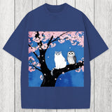 Tokyosol Cat And Owl Under Sakura Washed T-Shirt