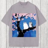 Tokyosol Cat And Owl Under Sakura Washed T-Shirt
