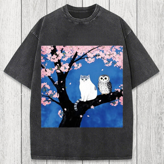 Tokyosol Cat And Owl Under Sakura Washed T-Shirt